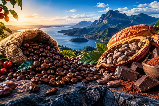 Karung goni berisi biji kopi berdampingan dengan buah kakao terbelah