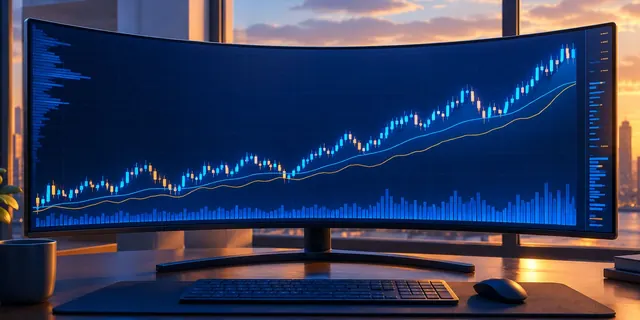 Monitor melengkung menampilkan grafik indeks dengan latar kota saat senja
