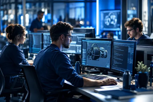 Beberapa orang bekerja di depan monitor dalam ruang kantor terbuka