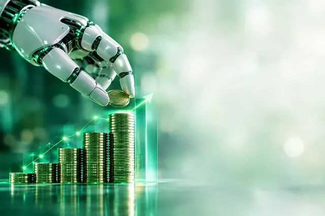 Tangan robot menaruh koin di atas tumpukan koin yang makin tinggi berlatar hijau